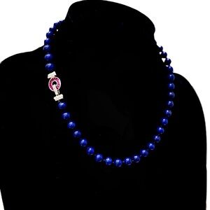 BEADED BOLD BLUE | Lapis Lazuli Beaded Necklace w Silver & Pink Crystal Closure